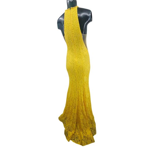 Sherri Hill Yellow Lace Ball Gown Prom Dress Long Slit Halter Neck Size 6 3973 - Picture 3 of 14
